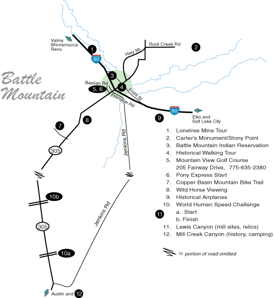 Numbered map of Battle Mountain local attractions