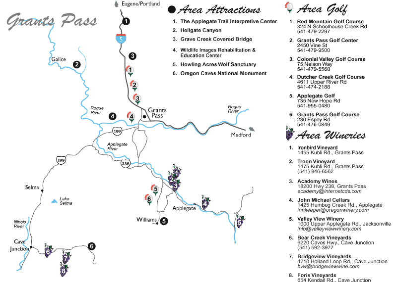 Numbered map of Grants Pass Area Attractions