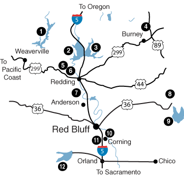 Numbered map of Red Bluff local attractions