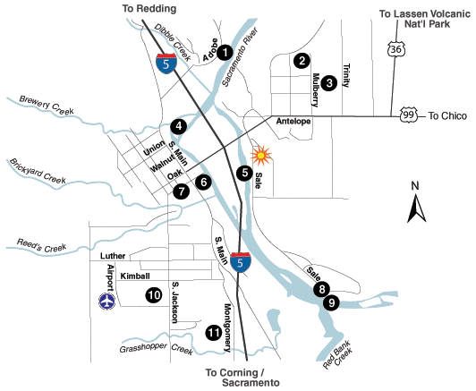 Numbered map of Red Bluff local attractions