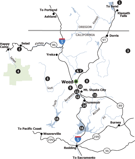 Numbered map of Weed local attractions