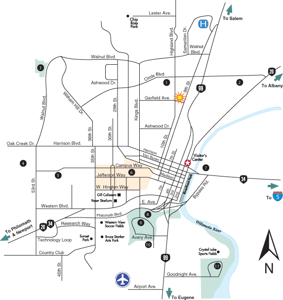 Numbered map of Corvallis local attractions