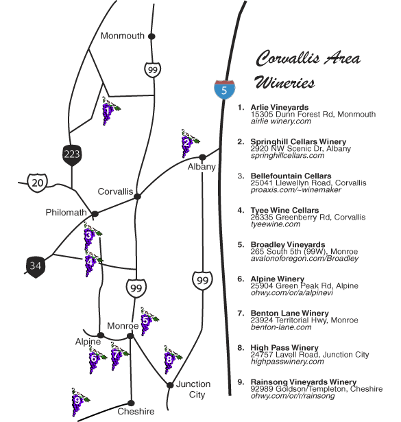 Numbered map of Corvallis Wineries