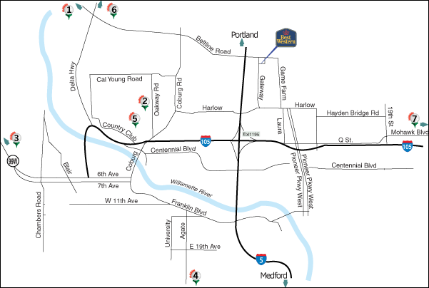 Numbered map of Eugene/Springfield golf courses