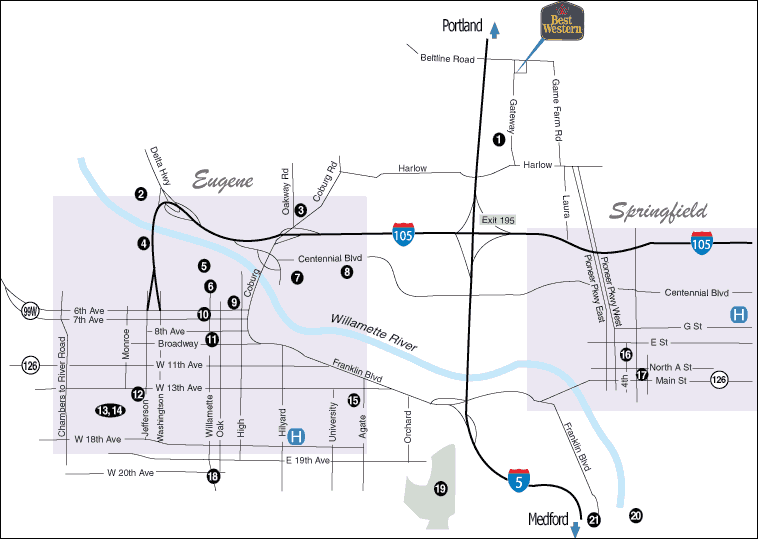 Numbered map of Springfield/Eugene local attractions