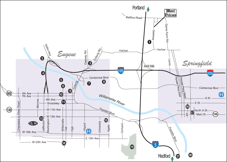 Numbered map of Springfield/Eugene local attractions