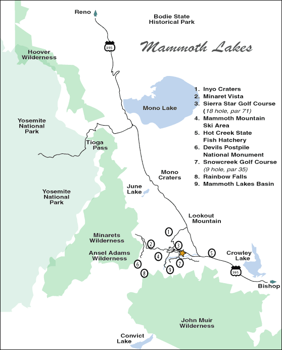 numbered map of Mammoth local attractions