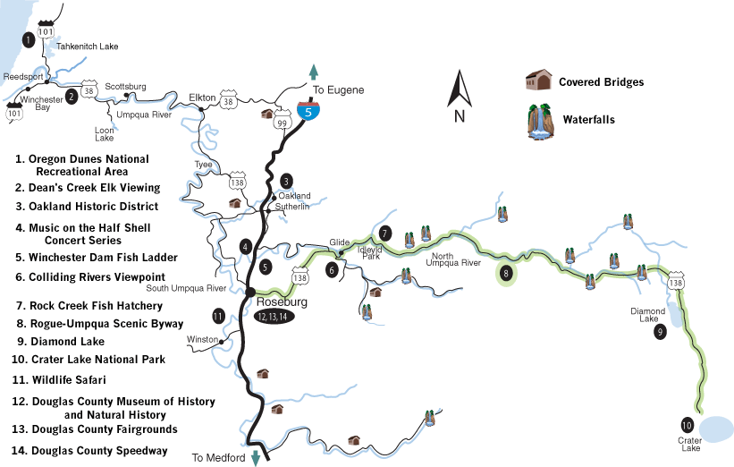 Numbered map of Roseburg local attractions