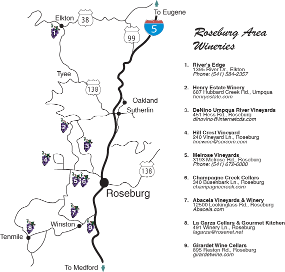 Numbered map of Roseburg Wineries